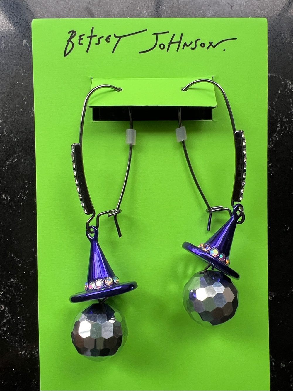 Betsey Johnson Purple Witch Hat Drop Earrings with Iridescent Spheres